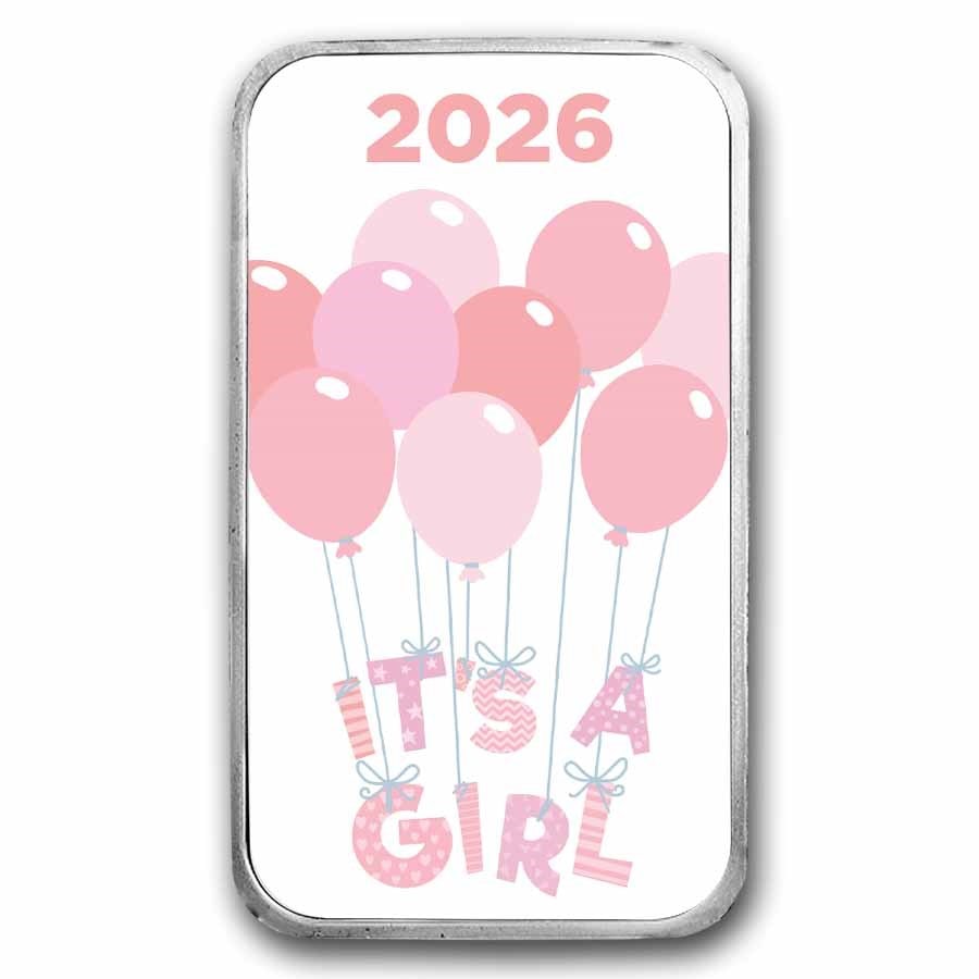 2026 1 oz Silver Colorized Bar - APMEX (It's A Girl, Balloons): The 2026 1 oz Silver Colorized Bar APMEX (Its A Girl, Balloons) is a festive .999 fine silver bar struck by APMEX, featuring cheerful pink balloon-themed artwork celebrating the birth of a baby girl. 