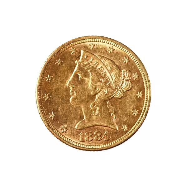 $5 Gold Liberty 1884 AU: The $5 Gold Liberty 1884 is a remarkable piece of late 19th-century American coinage, struck in .900 fine gold at the Philadelphia Mint. Part of the iconic Liberty Head series, this half eagle embodie