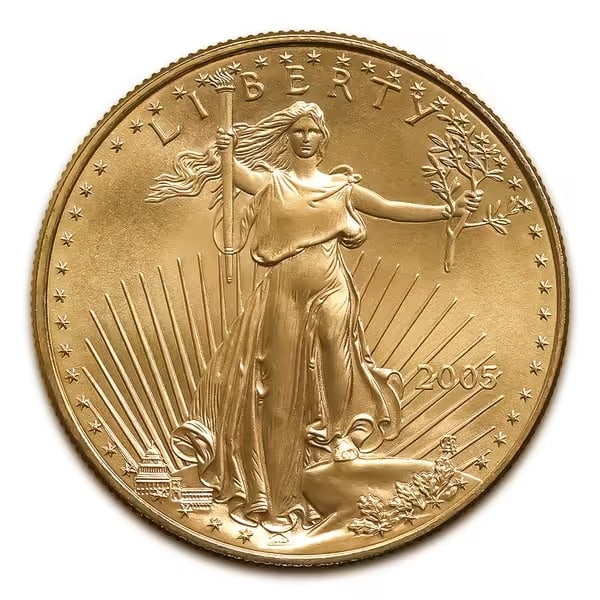 2005 American Gold Eagle 1/4 oz Uncirculated: 2005 American Gold Eagle 1/4 oz Uncirculated: Brilliant uncirculated coin featuring Lady Liberty on the obverse and two Bald Eagles building a nest on the reverse. US Mintguaranteed 22-karat gold, com