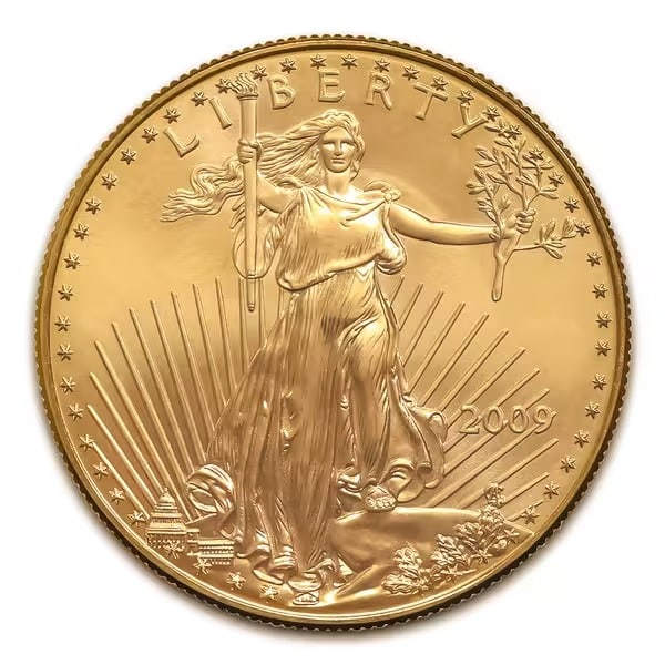 2009 American Gold Eagle 1/10 oz Uncirculated: Issued by the United States Mint, the 2009 American Gold Eagle 1/10 oz contains 1/10 troy ounce of gold and is struck in the official 22-karat Gold Eagle alloy for exceptional durability. Featuring Au