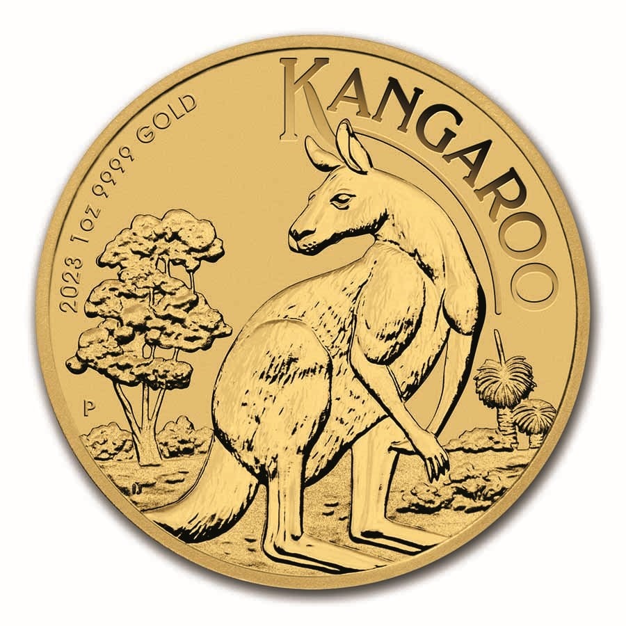 2023 Australia 1 oz Gold Kangaroo BU: 2023 Australia 1 oz Gold Kangaroo BU Coin 1 oz .9999 fine gold, Brilliant Uncirculated in protective capsule, IRA-eligible sovereign bullion from the Perth Mint.