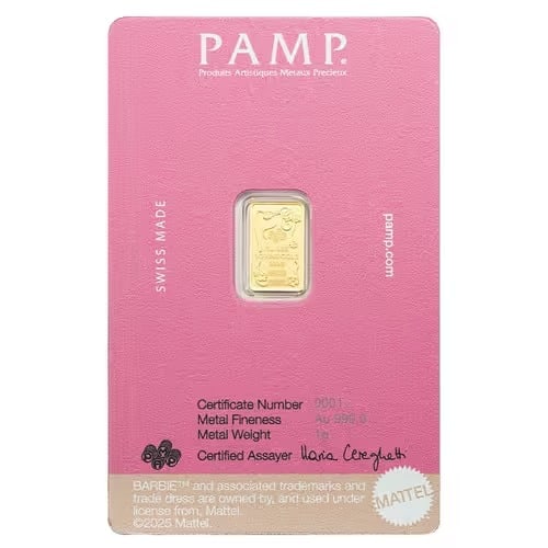 Iconic Barbie 1 Gram Gold Bar - Pamp Suisse: This 1 gram PAMP Suisse Gold Bar celebrates the iconic Barbie brand with a special themed design. Minted from .9999 fine gold and sealed in decorative assay packaging. Produced by the renowned Swiss r