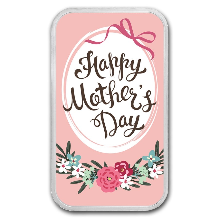1 oz Silver Colorized Bar - APMEX (Happy Mother's Day): The 1 oz Silver Colorized Bar APMEX (Happy Mothers Day) is a beautifully crafted .999 fine silver bar produced by APMEX, featuring vibrant colorized artwork celebrating Mothers Day. Weighing 1 troy ou