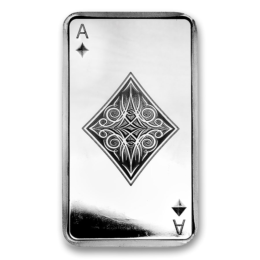 10 oz Silver Bar - Ace of Diamonds: The 10 oz Silver Bar Ace of Diamonds is a visually striking bullion piece struck in 10 troy ounces of .999 fine silver, featuring a bold playing card design inspired by the Ace of Diamonds. Combining 