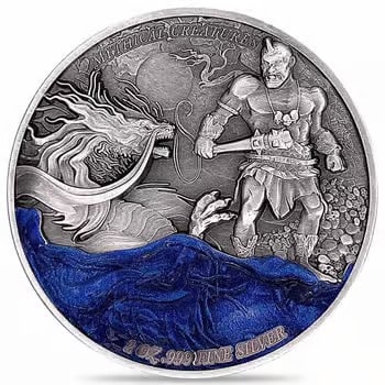 2023 Chad 2 oz Silver Dragon and Cyclops - Mythical Creatures Series Antiqued High Relief Coin: Part of the Mythical Creatures Series, this 2 oz .999 fine silver coin depicts an epic battle between a Dragon and Cyclops in stunning antiqued high relief. Intricate detailing and dramatic textures e