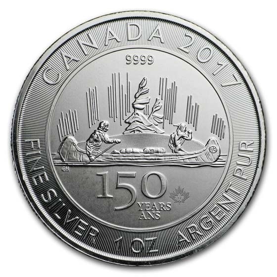 2017 Canada 1 oz Silver $5 150th Anniversary Voyageur BU: The 2017 Canada Voyageur coin was released to celebrate Canadas 150th Anniversary of Confederation. Struck from 1 oz of .9999 fine silver, it features the iconic Voyageur canoe design. Offered in Bril