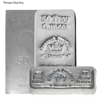50 oz Generic Silver Bar .999 Fine: This 50 oz Generic Silver Bar is a substantial bullion piece struck in .999 fine silver. Its simple design focuses on weight and purity for efficient stacking. The mid-size format offers a balance bet