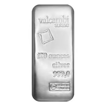 100 oz Silver Bar Valcambi Suisse .999 Fine (Sealed): This 100 oz silver bar from Valcambi Suisse contains .999 fine silver and comes sealed. Valcambi is globally recognized for precision and quality. A trusted option for bulk silver investment. Ideal fo