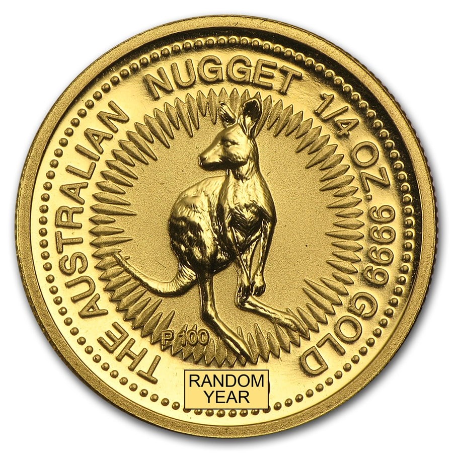 Australia 1/4 oz Gold Kangaroo/Nugget BU (Random Year): Australia 1/4 oz Gold Kangaroo/Nugget BU Coin (Random Year) 1/4 oz .9999 fine gold, Brilliant Uncirculated in protective packaging, sovereign bullion from the Perth Mint.