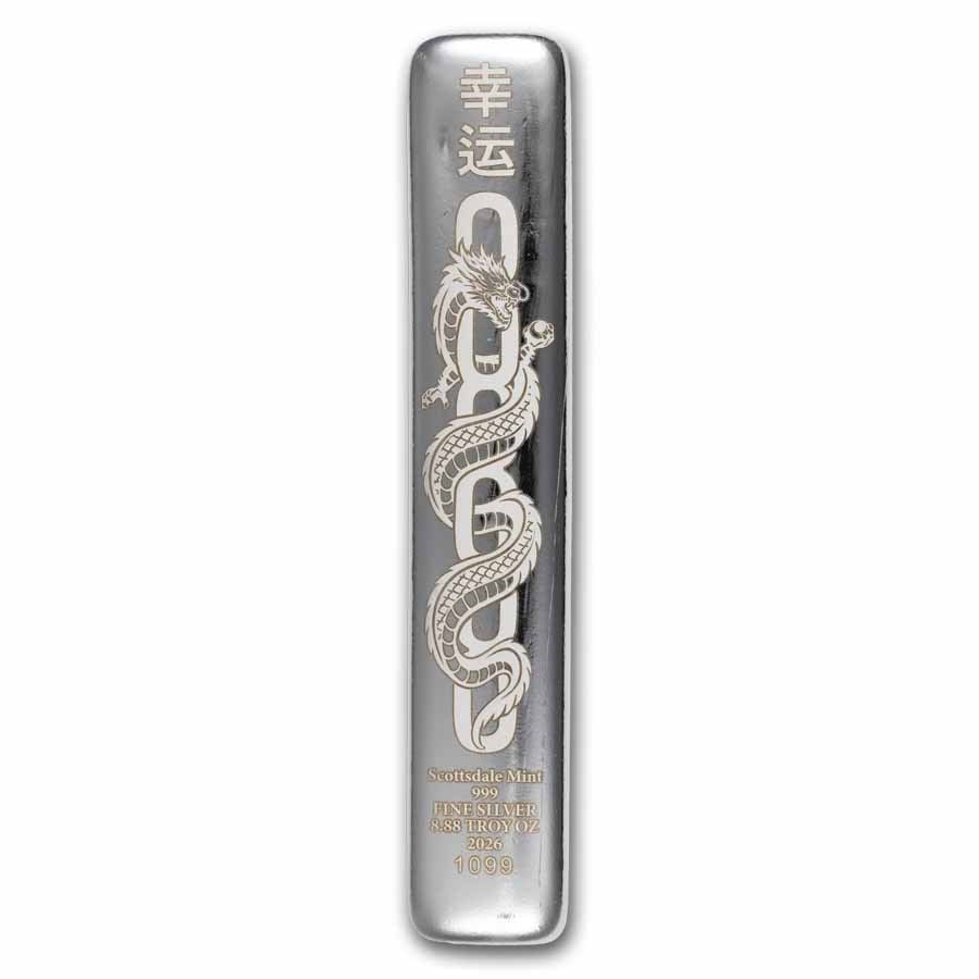 8.88 oz Silver Bar -Scottsdale Mint Lucky Dragon Cast Bar 2026: 2026 Scottsdale Mint Lucky Dragon Cast Bar 8.88 oz .999 fine silver with ornate dragon design, symbolic weight, and individually serialized.