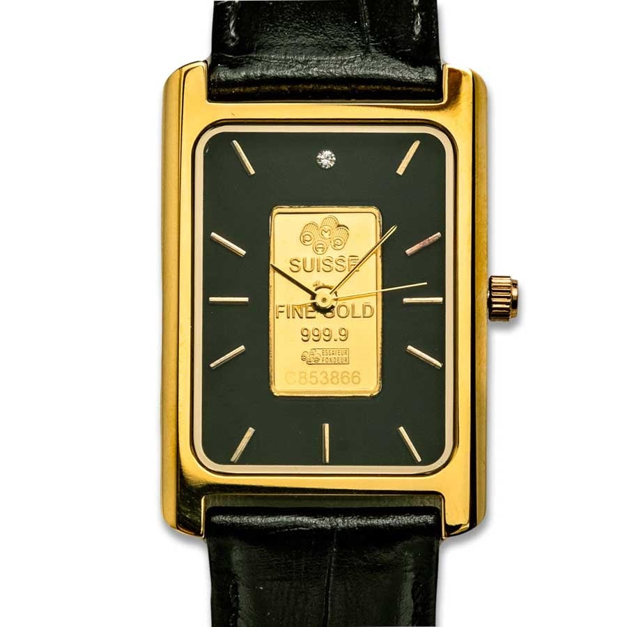 Men's 1 gram Gold Pamp Suisse Grain Leather Band Watch (Black): This Mens 1 Gram Gold PAMP Suisse Grain Leather Band Watch (Black) features a genuine 1 gram .9999 fine gold PAMP Suisse bar set within the dial, combining luxury style with intrinsic gold value. Desi