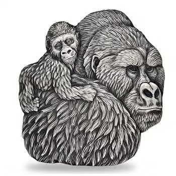 2023 Chad 1 oz Silver Gorilla and Child Shaped Antiqued High Relief: This 2023 Chad 1 oz Silver Gorilla and Child Coin features a touching wildlife design in high relief. Struck in .999 fine silver, the antiqued finish enhances the depth and lifelike detail. The shaped