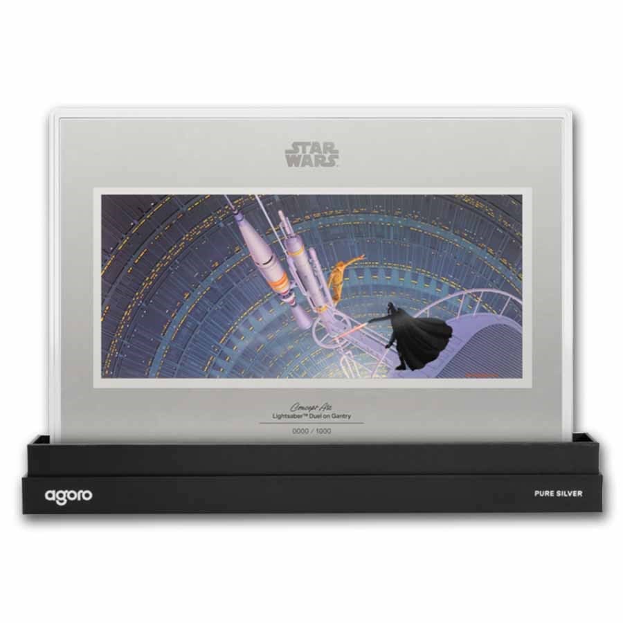 2026 Niue 1 oz Silver $2 Star Wars Art: Lightsaber Duel on Gantry: 2026 Niue 1 oz .999 Silver $2 Star Wars: Lightsaber Duel on Gantry ultra-limited mintage of 1,000, featuring full-color cinematic concept art framed in premium poster-style silver design.