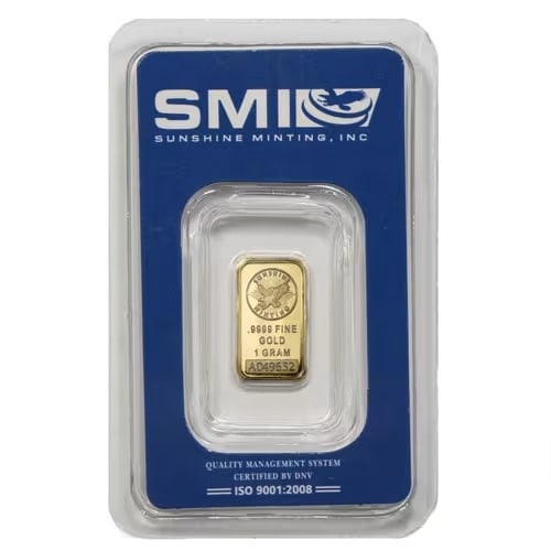 1 Gram Sunshine Gold Bar (New w/ Assay, MintMark SI): The Sunshine Minting 1 Gram Gold Bar is struck from .9999 fine gold and comes new in tamper-evident assay packaging featuring the MintMark SI security feature. Combining advanced anti-counterfeiting t