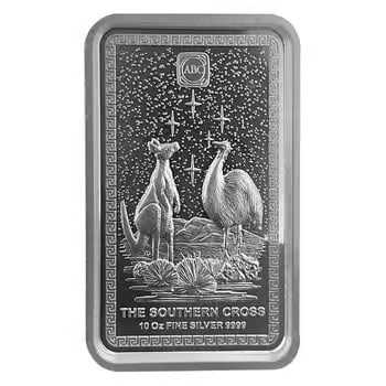 Box of 30 - 10 oz ABC Refinery The Southern Cross Silver Bar High Relief .9999 Fine: This Box of 30 10 oz ABC Refinery Southern Cross Silver Bars contains 300 troy ounces of .9999 fine silver in total. Each bar features a high-relief Southern Cross design, combining trusted refinery q