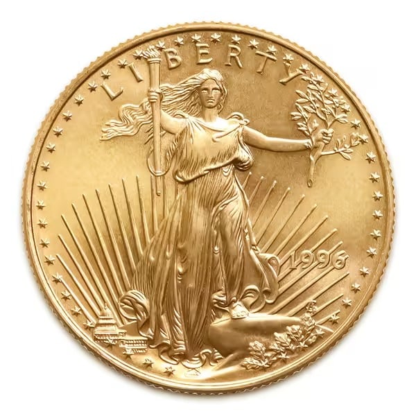 1996 American Gold Eagle 1/10 oz Uncirculated: Issued by the United States Mint, the 1996 American Gold Eagle 1/10 oz contains 1/10 troy ounce of gold and is struck in the official 22-karat Gold Eagle alloy for exceptional durability. Featuring Au