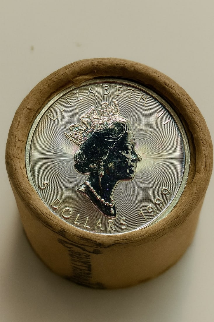20 QTY $5 Coin 1999&1999 Elizabeth-2 Canadian Maple roll: An original Brilliant Uncirculated (BU) sealed roll containing 20 Canadian Silver Maple Leaf coins, each struck in 1 oz of .9999 fine silver. This roll features the 1999 date on both ends, showcasing 