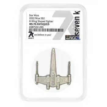 2022 Niue 1 oz Star Wars X-Wing Fighter Antiqued Silver Coin NGC MS 70: This 2022 Niue 1 oz Silver Coin features the iconic Star Wars X-Wing Fighter design with an antiqued finish for enhanced detail. Graded NGC MS 70, it represents a perfect mint state example. Struck in