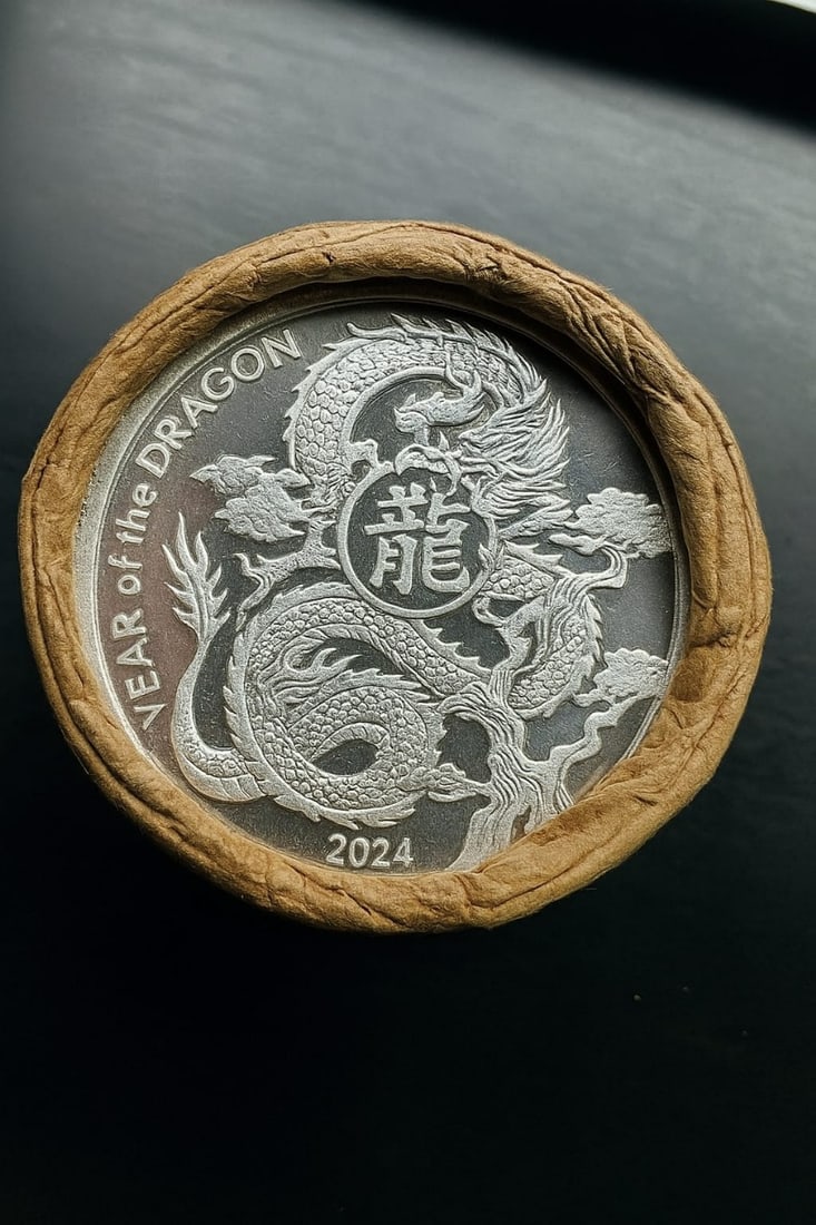 BU $20 2024 & 2024 1oz Asahi Lunar Dragon Silver Round .999 Fine ROLL: This original Brilliant Uncirculated (BU) sealed roll contains 20 Asahi Lunar Dragon silver rounds, each struck in 1 troy ounce of .999 fine silver. These rounds feature the 2024 Year of the Dragon de