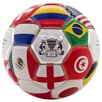 2022 Chad 30 Gram Silver Country Flags Soccer Ball Spherical Coin .999 Fine: The 2022 Chad 30g Silver Soccer Ball Coin features vibrant country flag designs across its spherical surface. Minted in .999 fine silver, it celebrates global unity through sport. The detailed flag pa