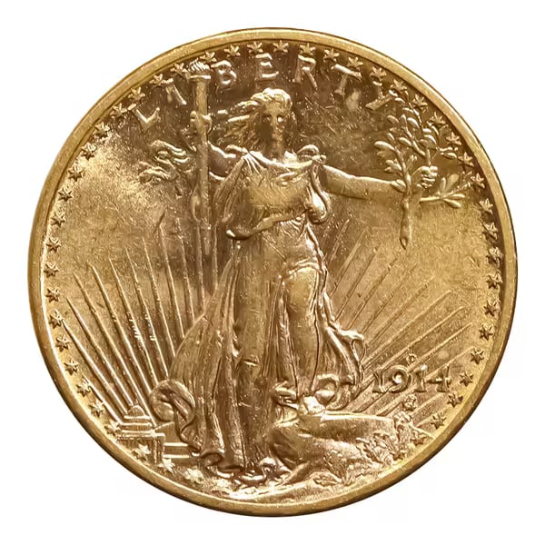 $20 Gold Saint Gaudens 1914-D AU: The 1914-D $20 Gold Saint-Gaudens in About Uncirculated condition is a distinguished example of American coinage, celebrated for its artistic beauty, historical significance, and rarity. Designed by r