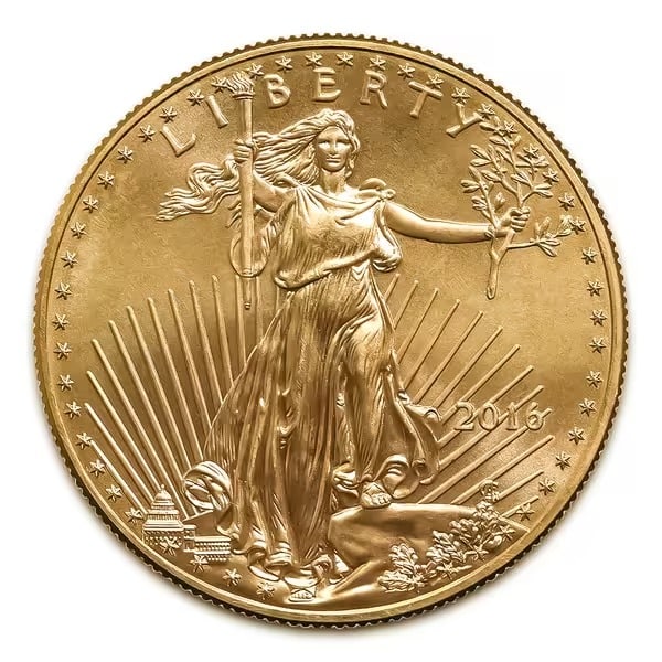 2016 American Gold Eagle 1/10 oz Uncirculated: 2016 American Gold Eagle 1/10 oz Uncirculated: Brilliant uncirculated 1/10 oz gold coin featuring Lady Liberty on the obverse and two bald eagles on the reverse, backed by the U.S. Mint for weight, pu