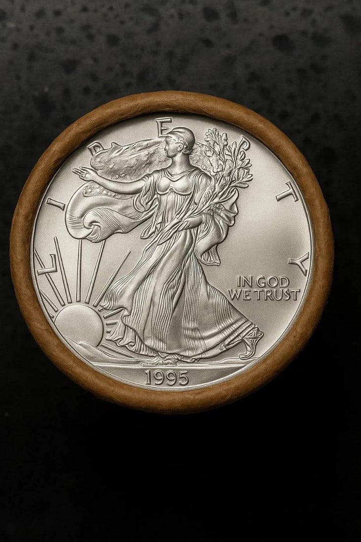 BU $10 1995 & 1995 1 oz Silver American Eagle Abrasions Roll: This original Brilliant Uncirculated (BU) sealed roll contains 10 American Silver Eagle coins, each struck in 1 troy ounce of .999 fine silver. The roll features a 1995 coin on one end and a 1995 coin