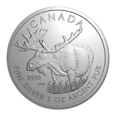 Canadian Silver 1 oz Moose 2012: This 2012 Canadian Silver Moose coin contains 1 troy ounce of .9999 fine silver and features a detailed image of a majestic moose on the reverse. Issued by the Royal Canadian Mint, it is part of the p