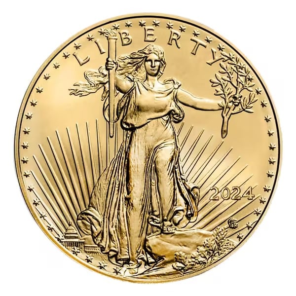 2024 American Gold Eagle 1/10 oz Uncirculated: 2024 American Gold Eagle 1/10 oz Uncirculated: Brilliant uncirculated 1/10 oz gold coin featuring Saint-Gaudens Lady Liberty obverse and nesting bald eagles reverse, U.S. Mintguaranteed for weight, pu