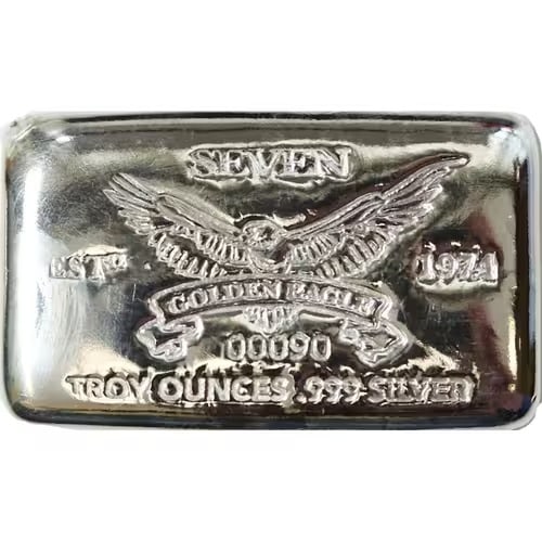 Golden Eagle 7 oz Silver Bar .999: Golden Eagle 7 oz Silver Bar .999 is a high-quality bullion piece that combines substantial silver content, investment-grade purity, and iconic design. Crafted from .999 fine silver, it appeals to bot