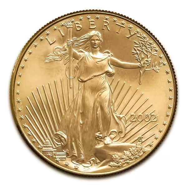2002 American Gold Eagle 1/10 oz Uncirculated: 2002 American Gold Eagle 1/10 oz Uncirculated Brilliant Uncirculated 22-karat gold coin featuring Saint-Gaudens Lady Liberty and two nesting bald eagles, U.S. government-backed with $5 face value, ide