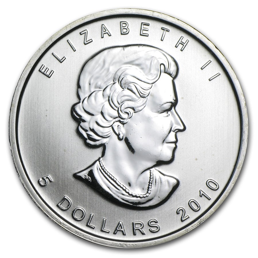 2010 Canada 1 oz Silver Maple Leaf BU: The 2010 Silver Maple Leaf contains 1 oz of .9999 fine silver and is one of the world?s most recognized bullion coins. Issued by the Royal Canadian Mint, it features the classic maple leaf design. Off