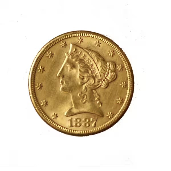 $5 Gold Liberty 1887-S AU: The 1887-S $5 Gold Liberty, also known as the Liberty Head half eagle, is a distinguished piece of American coinage. Minted at the San Francisco Mint during a period of post-Civil War industrializatio