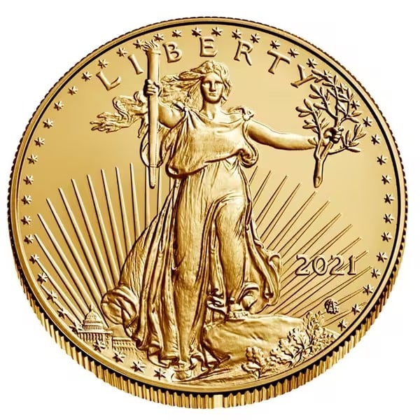 2021 American Gold Eagle 1 oz Uncirculated Type 2: 2021 American Gold Eagle 1 oz Uncirculated Type 2 Lady Liberty obverse and descending eagle reverse in 22-karat .9167 gold, fully U.S. government-backed. A brilliant, collectible bullion coin featurin