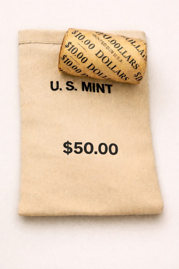 $10 1923 & 1923 Peace BU & $50 Peace BU Mixed bag.: This premium lot includes one sealed $10 roll of Brilliant Uncirculated Peace Silver Dollars featuring 1923-dated coins on both ends, along with a $50 bag of BU Peace Silver Dollars. Coins display str