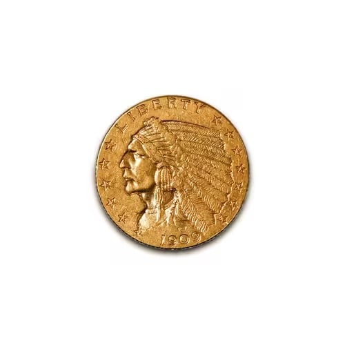 US $2.5 Indian Gold Coins Extra Fine 1909: The 1909 Indian Head $2.5 Gold Quarter Eagle is a crucial piece in American numismatics, continuing the legacy of the iconic series first introduced in 1908. This coin, designed by Bela Lyon Pratt, is