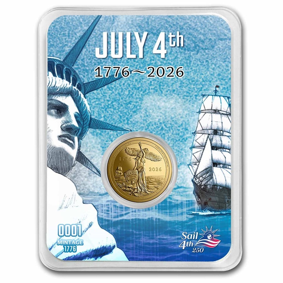2026 Sail4th 250 1/10 oz Gold Round (in TEP): 2026 Sail4th 250 1/10 oz .999 Gold Round (TEP) – ultra-limited mintage of 1,776, honoring America’s Semiquincentennial with dramatic Liberty and tall ship design.