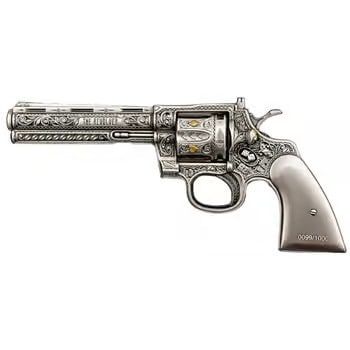 5 oz Silver Revolver Gun Shaped Antiqued High Relief .999 Fine: Make a powerful statement in your collection with the 5 oz Silver Revolver Gun Shaped Antiqued High Relief .999 Fine. Struck from 5 troy ounces of .999 fine silver, this high-relief piece features an 