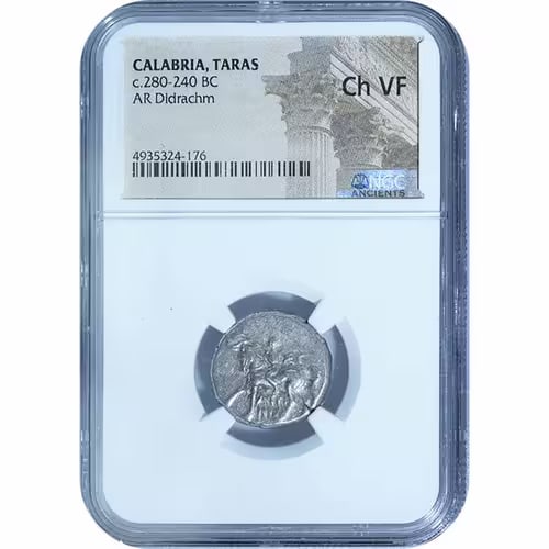 Taras Calabria AR Didrachm 280-240 B.C. Warrior on Horse--Taras on dolphin ChVF NGC (1 of 2)