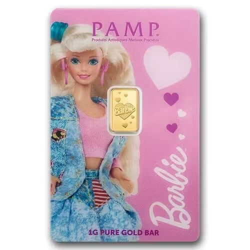 1 gram Gold Bar - PAMP Barbie Valentine's Day: This 1 gram PAMP Gold Bar celebrates Barbie with a special Valentines Day themed design. Minted from .9999 fine gold, it combines collectible charm with precious metal value. The bar comes sealed in d