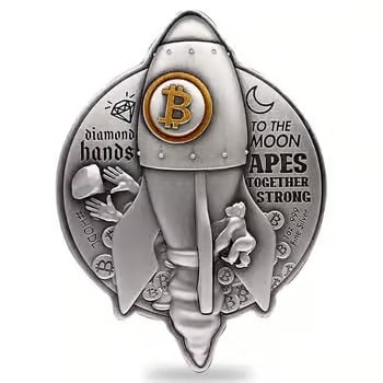 2022 Chad 1 oz Silver Bitcoin Rocket Shaped Antiqued High Relief: This 2022 Chad 1 oz Silver Bitcoin Rocket Coin is a futuristic shaped piece in .999 fine silver. Featuring an antiqued finish and high-relief detail, it symbolizes the rise of digital currency. The ro