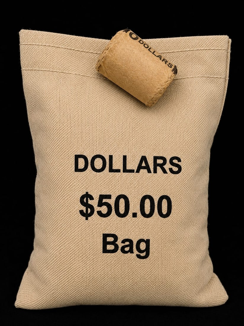$10 CC & CC Morgan BU & $50 Morgan BU bag mix: This premium lot includes one sealed $10 roll of Brilliant Uncirculated Morgan Silver Dollars featuring Carson City (CC) mint-mark coins on both ends, along with a $50 bag of BU Morgan Silver Dollars.