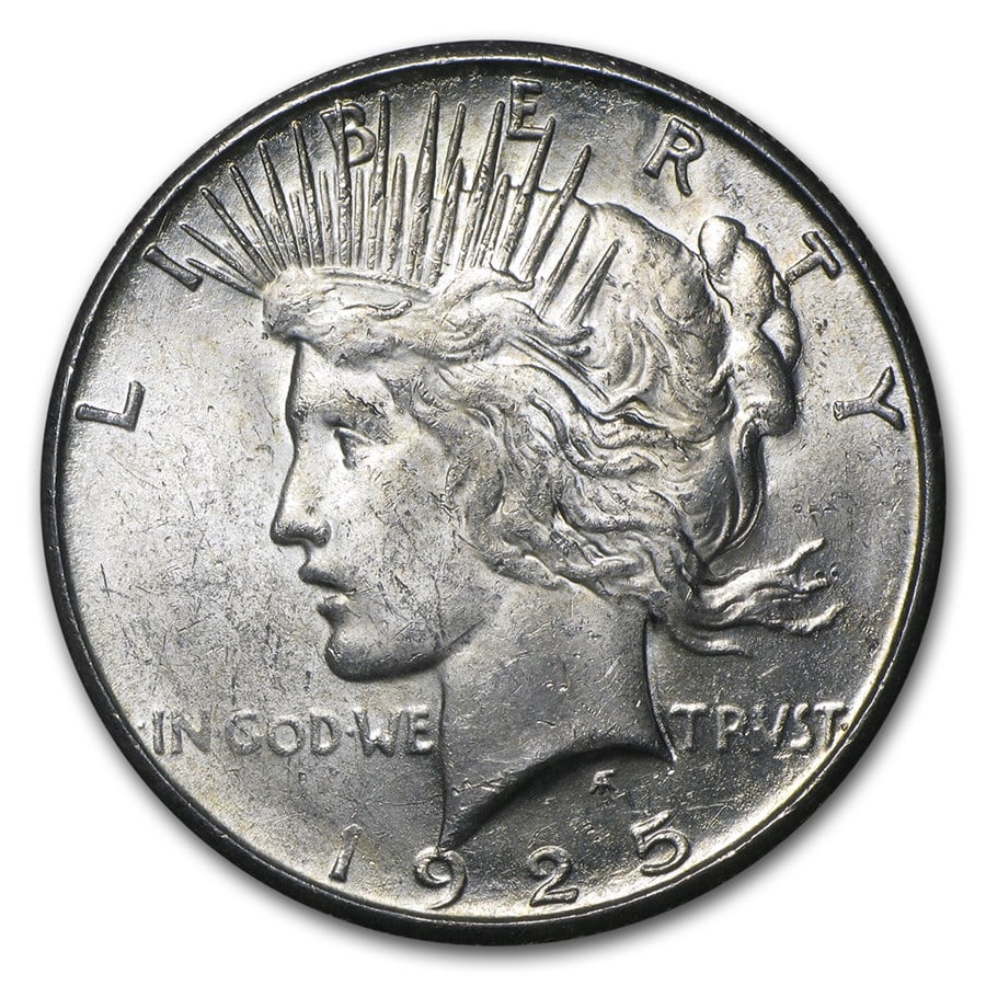 1925 - S Peace Dollar BU: The 1925-S Peace Dollar is a well-preserved coin from the San Francisco Mint. In Brilliant Uncirculated condition, it retains full luster and minimal marks. Struck in 90% silver, it provides both coll