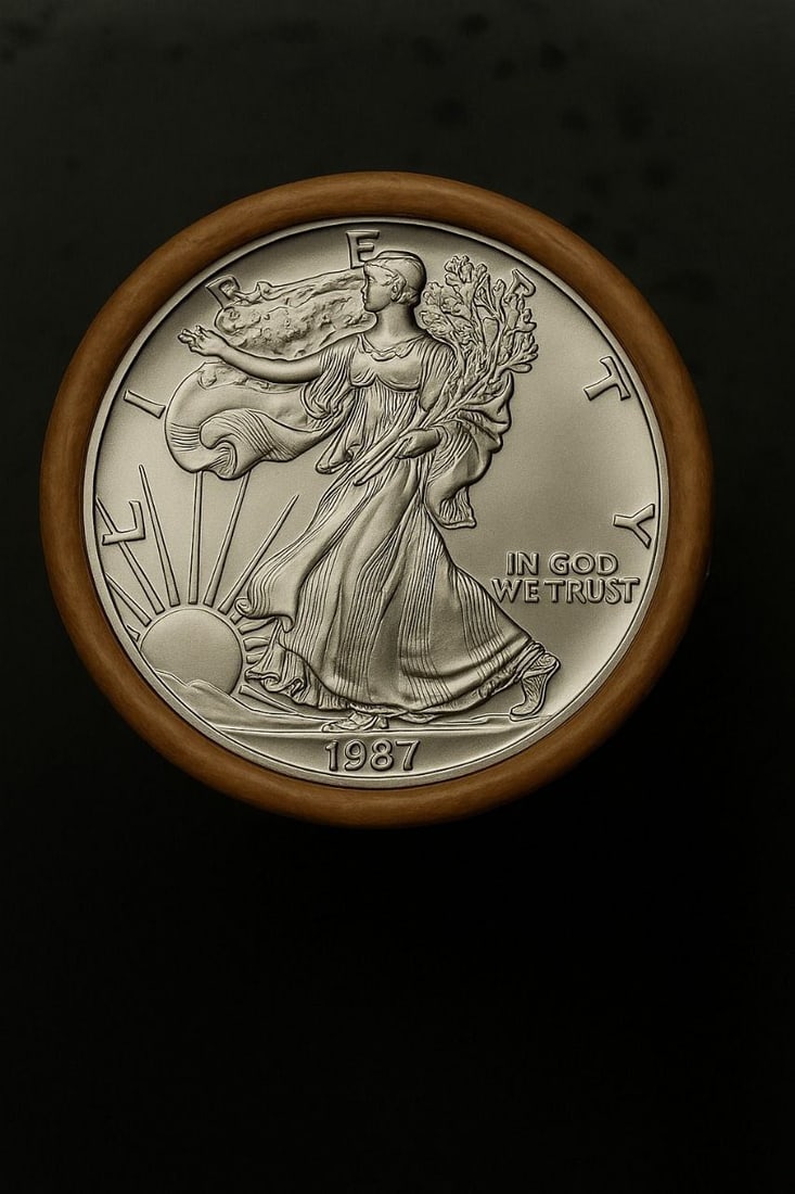 BU $20 1987 & 1987 1 oz Silver American Eagle $1 Coin Roll: This original Brilliant Uncirculated (BU) sealed roll contains 20 American Silver Eagle coins, each struck in 1 troy ounce of .999 fine silver. The roll features a 1987 coin on one end and a 1987 coin
