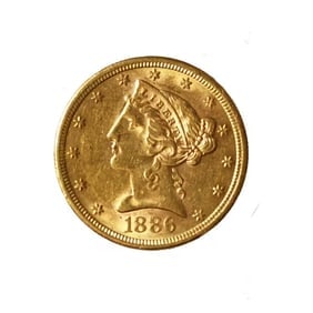 $5 Gold Liberty 1886-S AU: The 1886-S $5 Gold Liberty, also known as the Liberty Head half eagle, is a distinguished piece of American numismatic history. Minted at the San Francisco Mint during a period of rapid industrializat