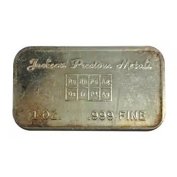 1 oz Jackson Precious Metals Vintage Silver Bar .999 Fine: This 1 oz Jackson Precious Metals Silver Bar is a vintage piece struck in .999 fine silver. It features a classic design with a nostalgic appeal for collectors. The bars vintage status adds uniqueness