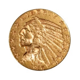 $5 Gold Indian 1916-S XF: The 1916-S $5 Gold Indian is a highly desirable coin from Bela Lyon Pratts innovative Indian Head Half Eagle series. Struck at the San Francisco Mint, this issue is notable for its incuse design, with