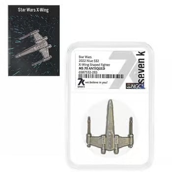 2022 Niue 1 oz Star Wars X-Wing Fighter Antiqued Silver Coin NGC MS 70: This 2022 Niue 1 oz Silver Coin features the iconic Star Wars X-Wing Fighter design with an antiqued finish for enhanced detail. Graded NGC MS 70, it represents a perfect mint state example. Struck in