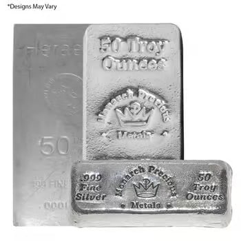 50 oz Generic Silver Bar .999 Fine: This 50 oz Generic Silver Bar is a substantial bullion piece struck in .999 fine silver. Its simple design focuses on weight and purity for efficient stacking. The mid-size format offers a balance bet