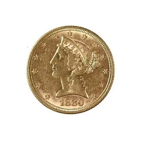 $5 Gold Liberty 1880 AU: The $5 Gold Liberty 1880 is an iconic piece of American numismatic history, now preserved in Brilliant Uncirculated (BU) condition. Struck in .900 fine gold at the Philadelphia Mint, this coin exempli